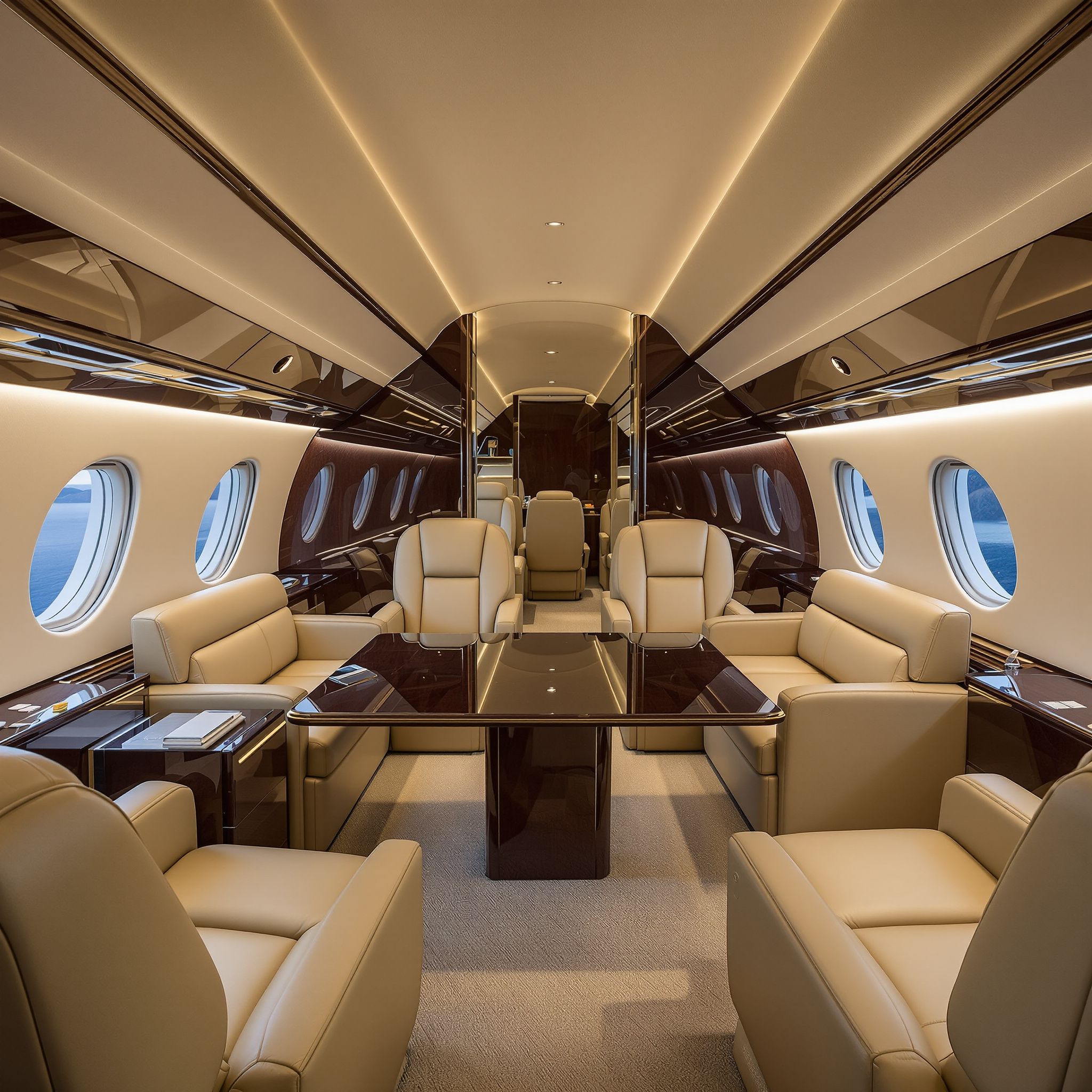 Luxurious private jet interior with blue ambient lighting and plush seating